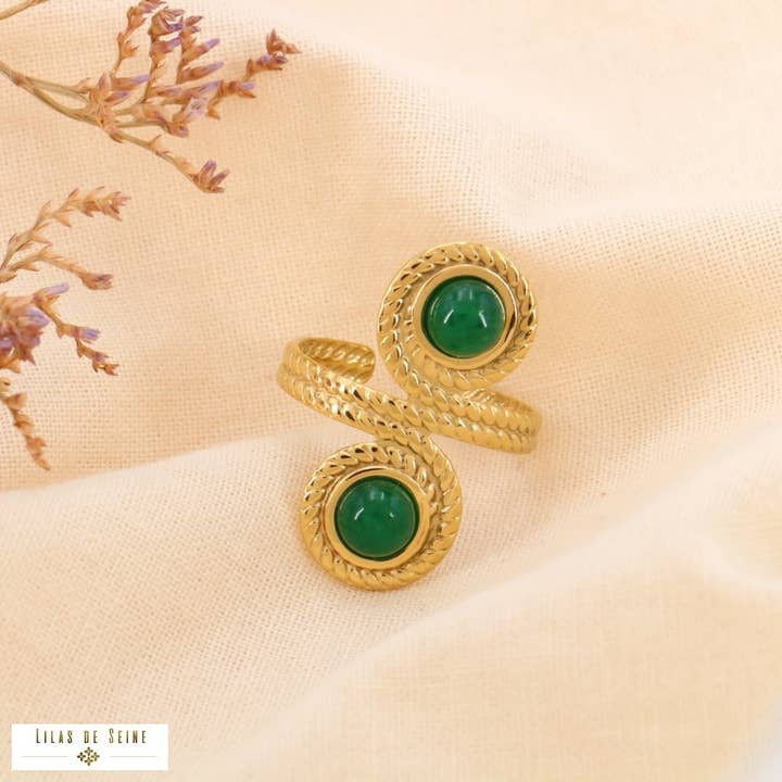 Lilas de Seine - Wholesale Band/Stacked Ring - Medieval steel ring swirls cabochon stones 04235512