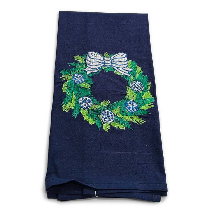 Towel - Chinoiserie Wreath with Blue Ornaments on navy for wholesale by Vibrantly Blue