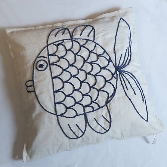 Hand Embroidered Fish Pillow Cover – Blue Cotton, 50x50cm for wholesale by Matilde Horta