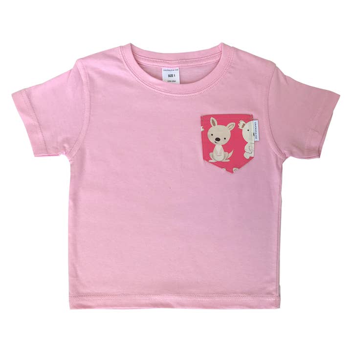 Pink Koala & Kangaroos Pocket on Light Pink Tee for wholesale by Chuckles & Caz