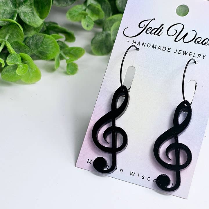 Jedi Woods LLC - Wholesale Dangle Earrings - Black Treble Clef Music Earrings with Hoops, Gauge Friendly
