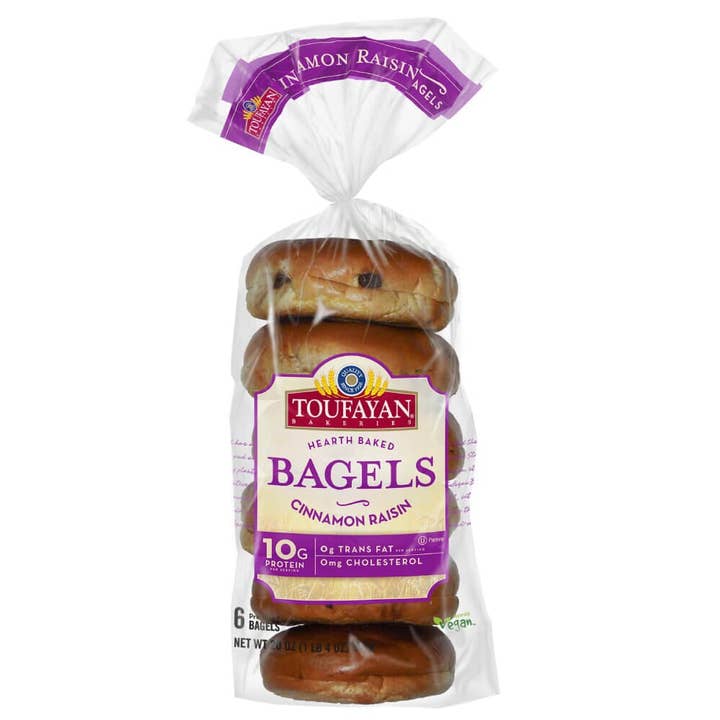 Toufayan Bakeries - Bagels à la cannelle et aux raisins 20oz 6 Bagels | 10g de protéines | 2g de fibres | Naturellement végan | Sans cholestérol | Sans produits laitiers | Sans œufs pour la vente par SaniLLC