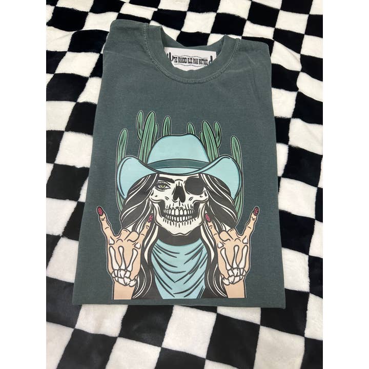 The Branded Blue Roan - Wholesale Screen Printed T-Shirt - Women's - Skeleton Cowgirl Western Graphic Tee