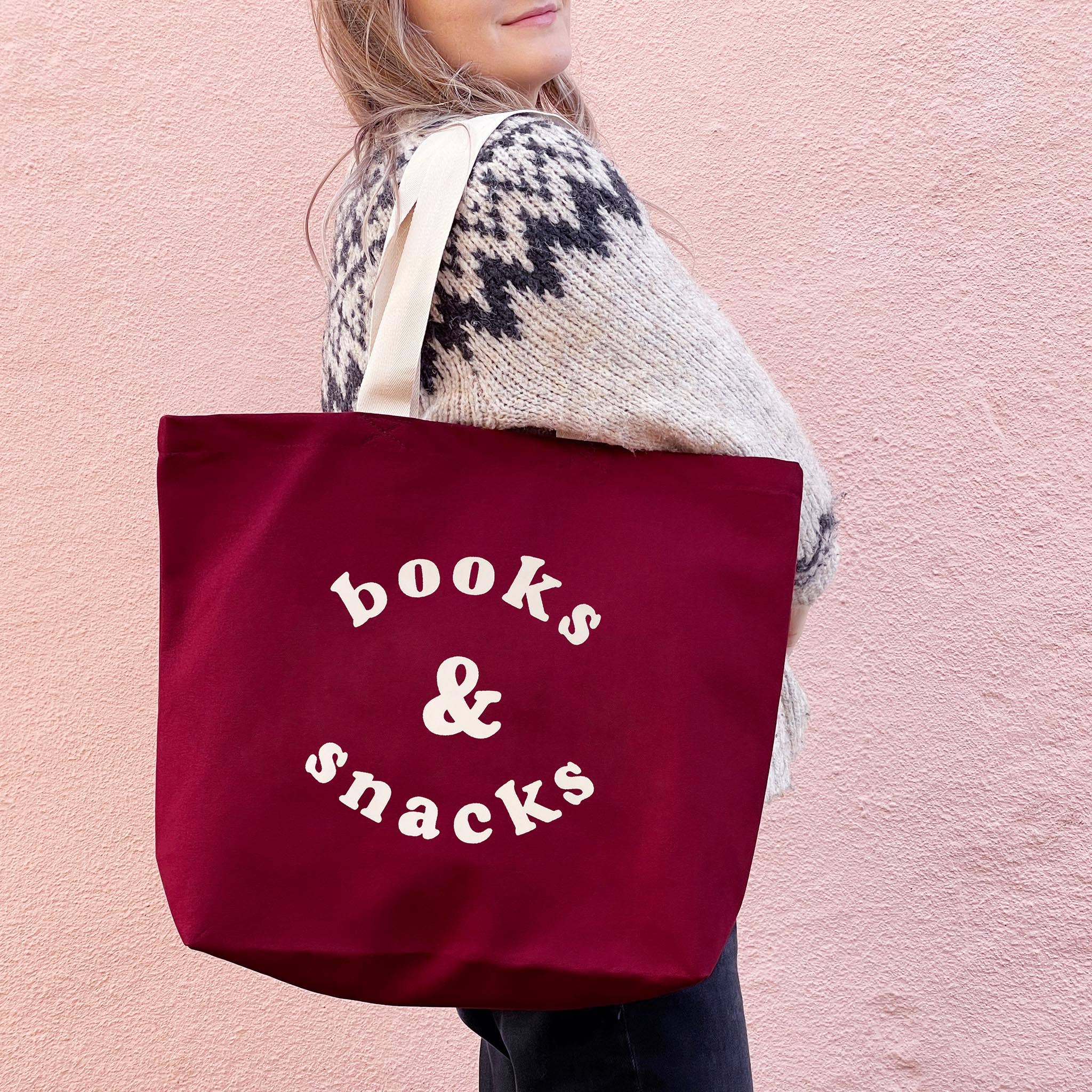 Alphabet Bags – wholesale Tote bag – Women's – Books & Snacks - Burgundy Canvas Tote Bag1