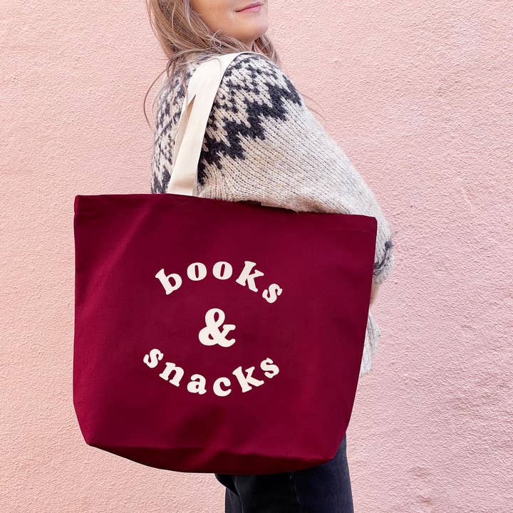 Alphabet Bags – wholesale Tote bag – Women's – Books & Snacks - Burgundy Canvas Tote Bag1
