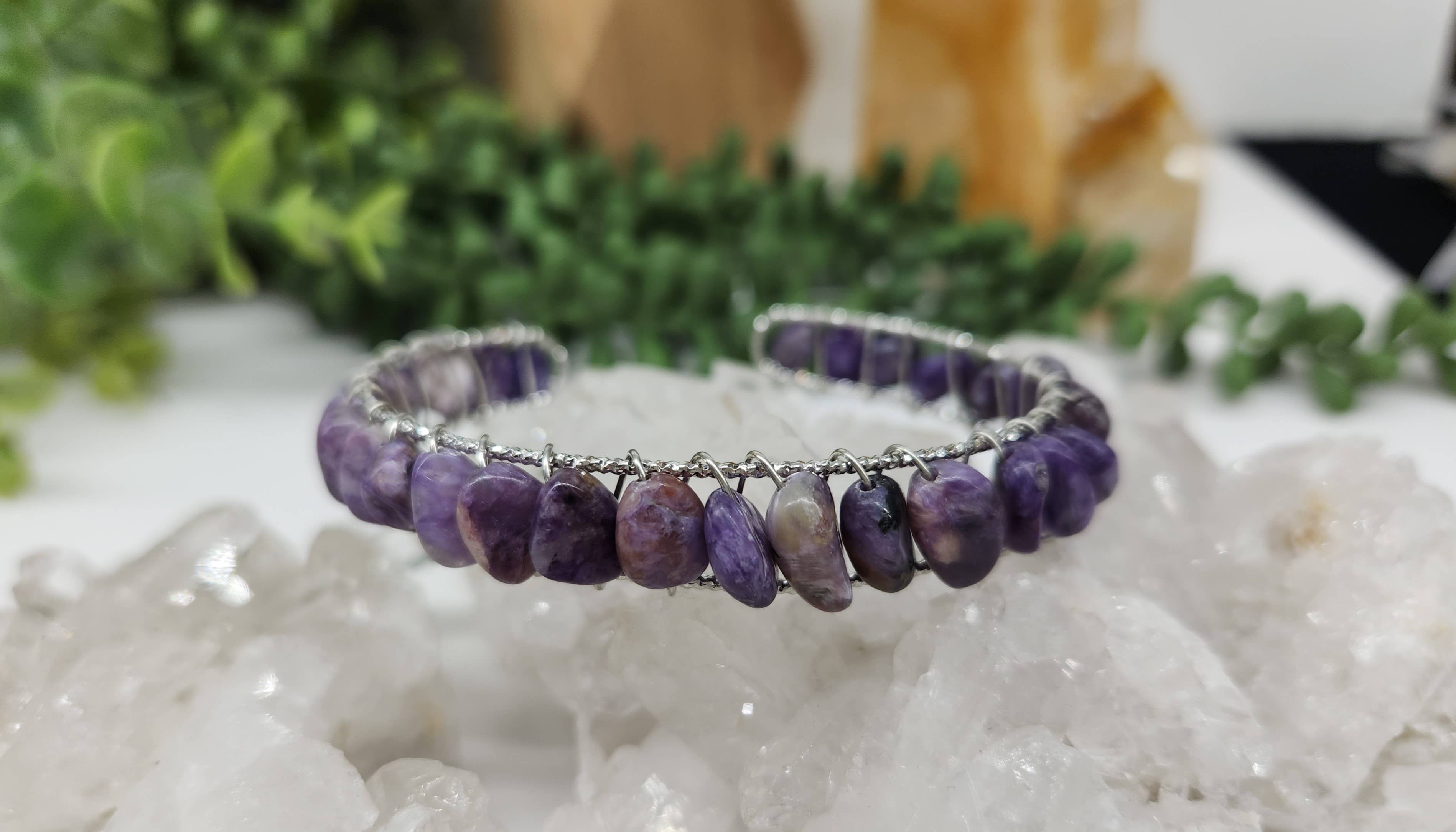 Meraki Gemstones - Wholesale Cuff Bracelet - Charoite Bangle/Cuff WireWrapped Bracelet-18kt. Gold Overlay2