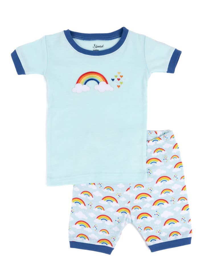 Pyjama court deux pièces en coton bleu arc-en-ciel pour la vente par Leveret Pajamas