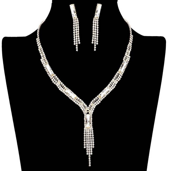 Diacly - Wholesale Jewelry Set - Rectangle Tassel Lines Rhinestone Necklace Set