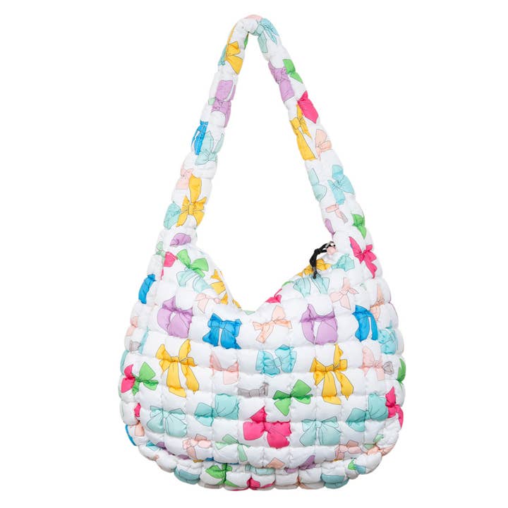 White Multicolored Coquette Bows Wholesale Quilted Tote Bag for wholesale on Faire