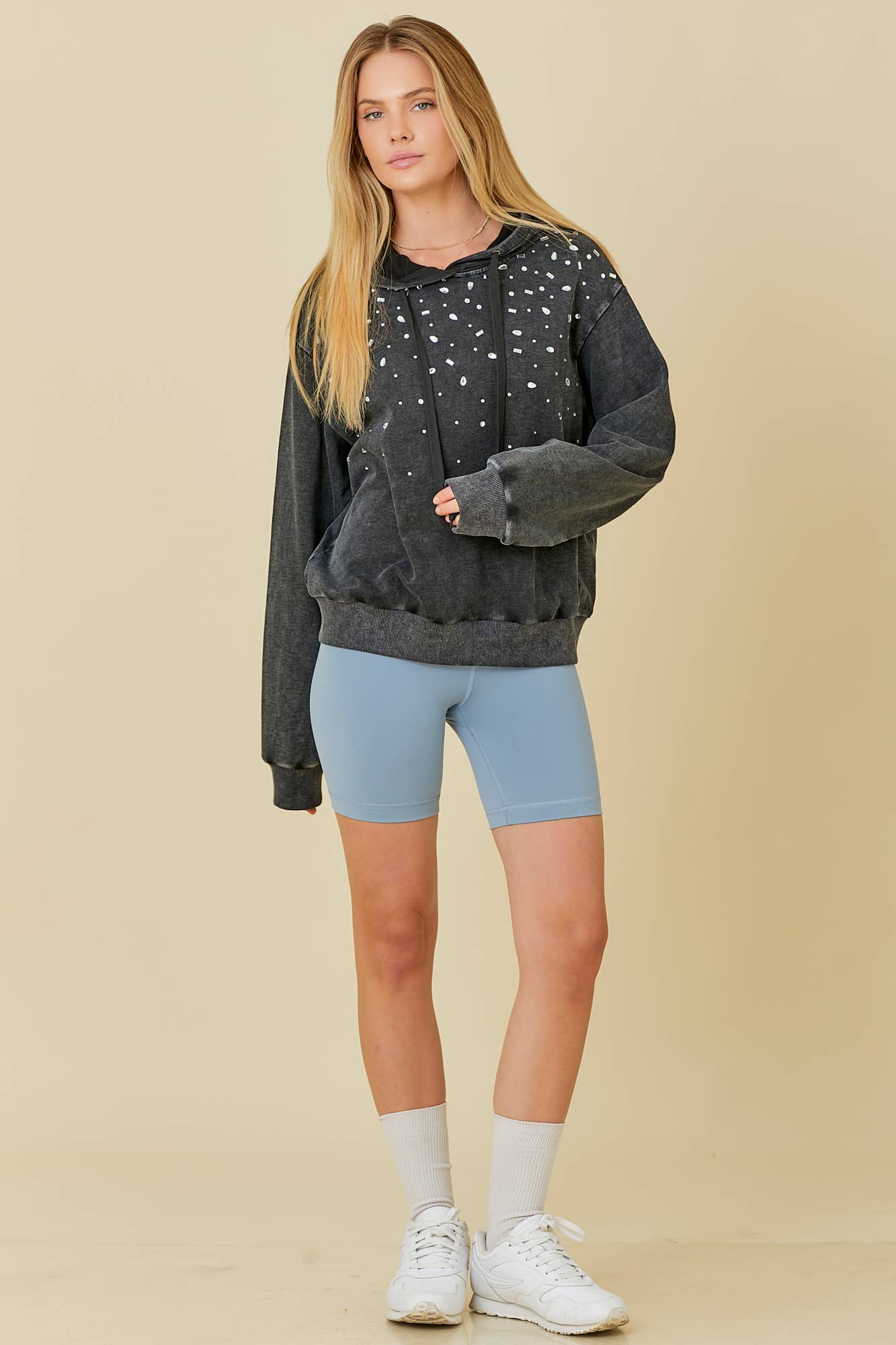 BLACK Washed Hoodie With All Over Rhinestone Detail for wholesale on Faire14