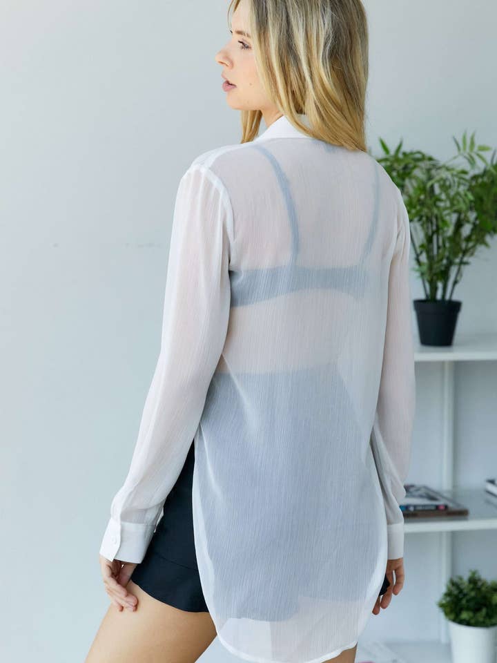YORU CHIFFON BUTTON DOWN SHEER LONG SLEEVE SHIRT for wholesale by Hers & Mine