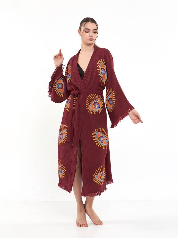 Yaz Concepts - Wholesale Kimono - Women's - Burgundy Evil Eye Print Bathrobe Festival Kimono Robe