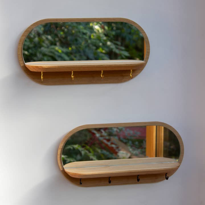 Espelho de madeira mini-Luonlight com ganchos pretos Made in France por atacado de Reine Mère