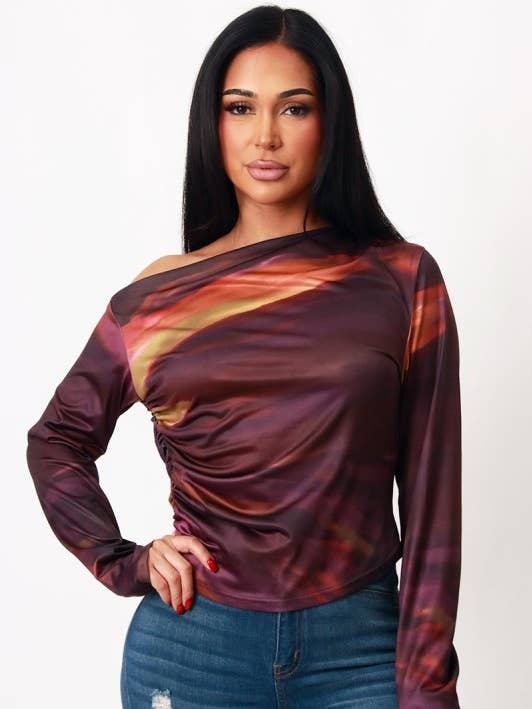 Asymmetrisches One-Shoulder-Top mit abstraktem Farbverlauf für den Großhandel von New Trend On