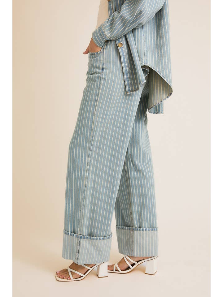 FLAP OPENING WIDE LEG STRIPE DENIM PANTS for wholesale on Faire