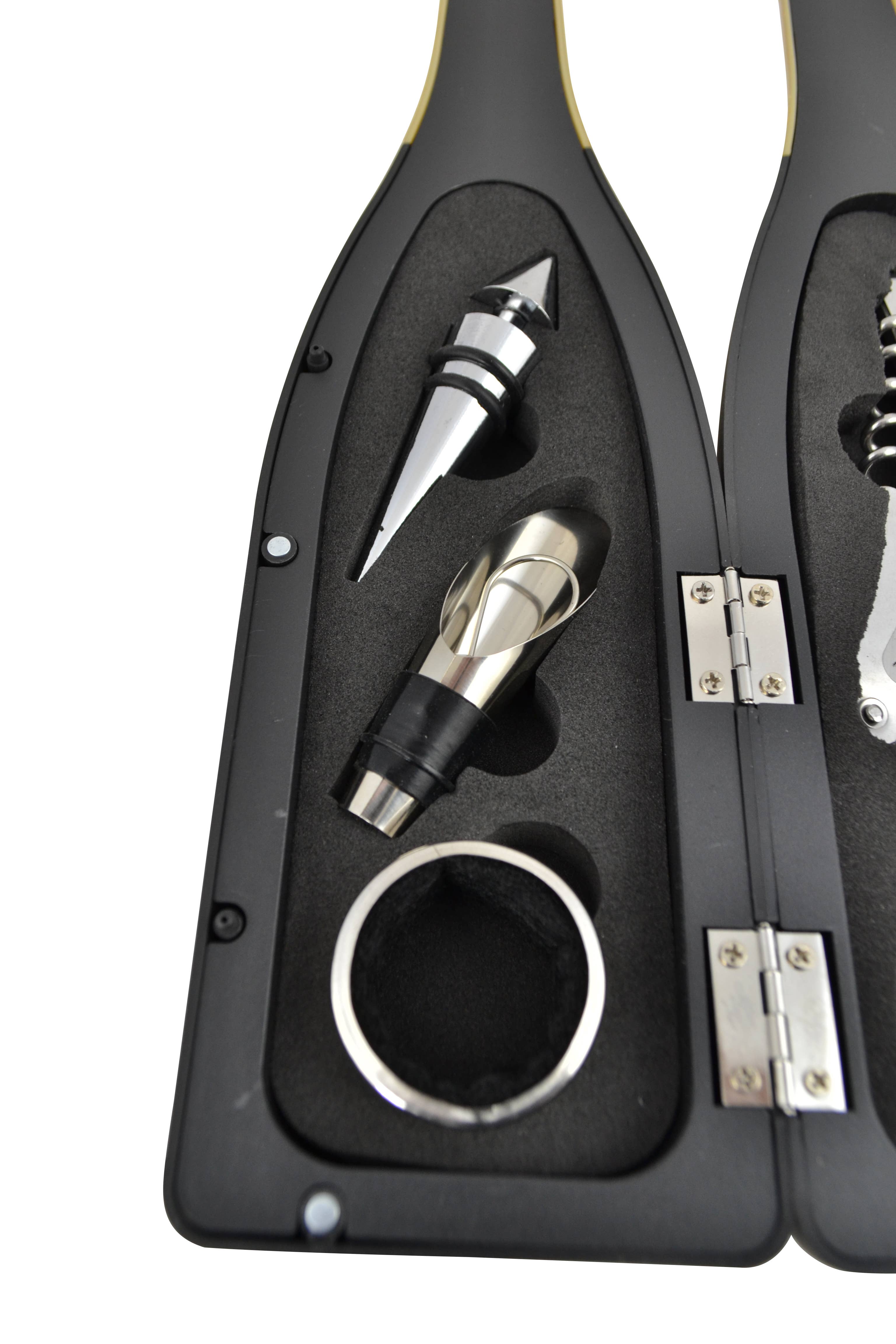 Three Star IM/EX Inc. - Wholesale Wine Tool Set - 12.5" BLK & GOLD CHAMPAGNE BOTTLE W/ ACCESSORIES3