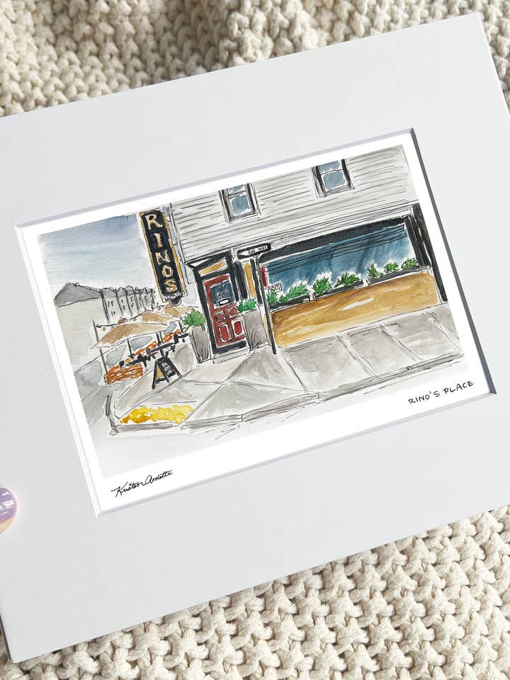 Le Lieu de Rino (Impression d'Art en Aquarelle de Boston – Eastie) pour la vente par Sunset Studios Boston: Neighborhood Watercolors