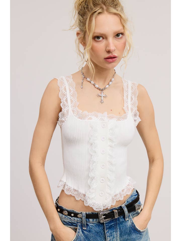Mimosa - Wholesale Tank Top - Women's - Scalloped Lace Trim Corset-Bodice Knit Tank Top2