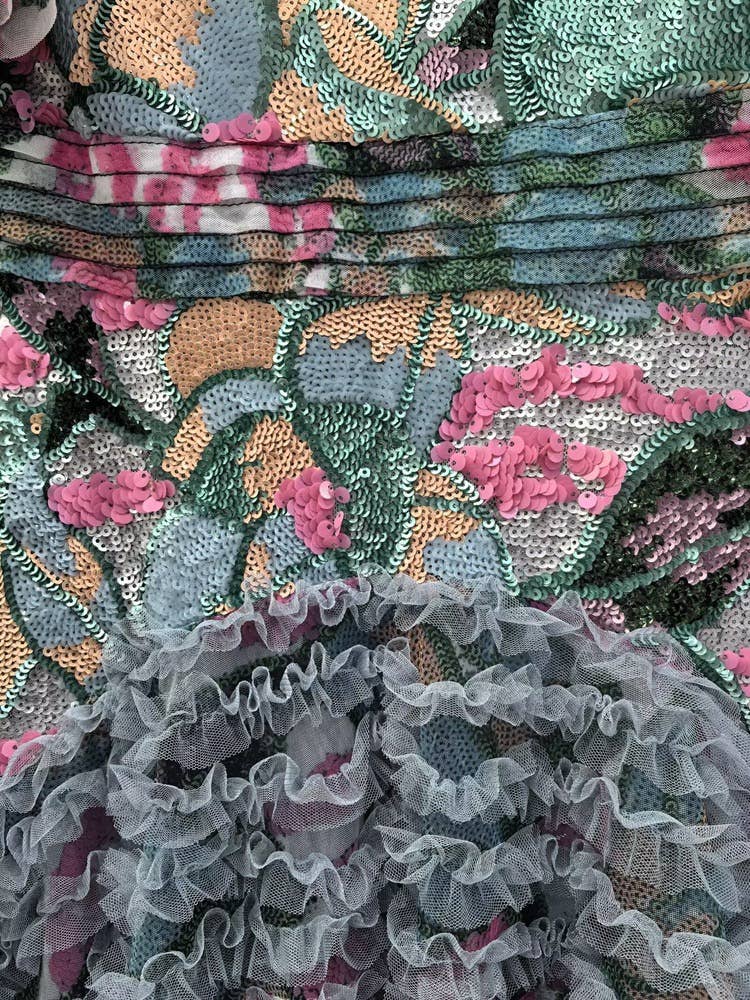 Color as pictures DR592Y Hand-Printed Lotus Leaf Lace Dress with Beaded Detail for wholesale on Faire7