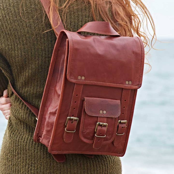 The Paper High Gift Company Limited - Vente Sac à dos – femme - Sac à dos style cartable en cuir marron - Fait main