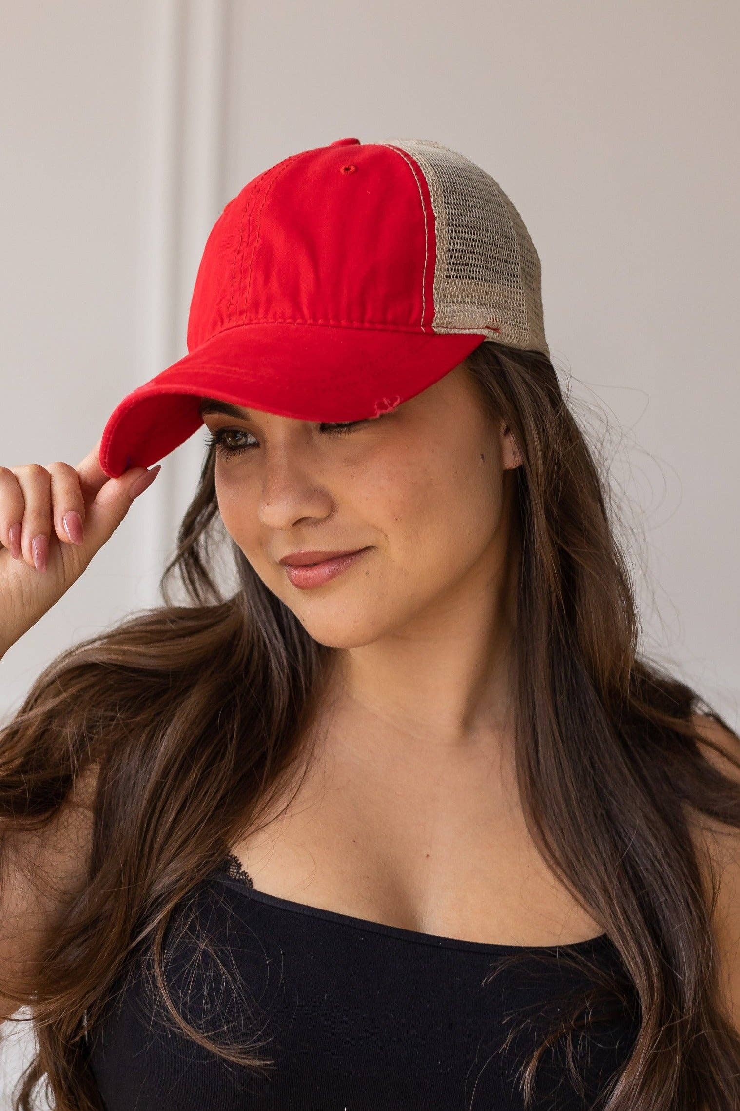 Red High Ponytail Hat with Beige Mesh for wholesale on Faire2