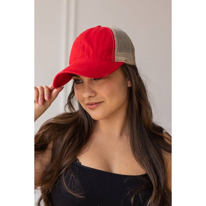 Red High Ponytail Hat with Beige Mesh for wholesale on Faire2