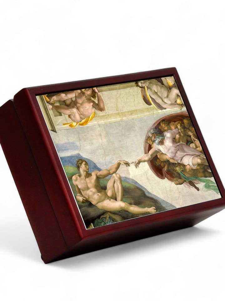 COLEÇÃO DE CAIXAS DE MADEIRA: Caixa grande forrada em madeira com azulejo impresso - Ópera “A Criação de Adão” de Michelangelo Buonarroti por atacado de SublimArt