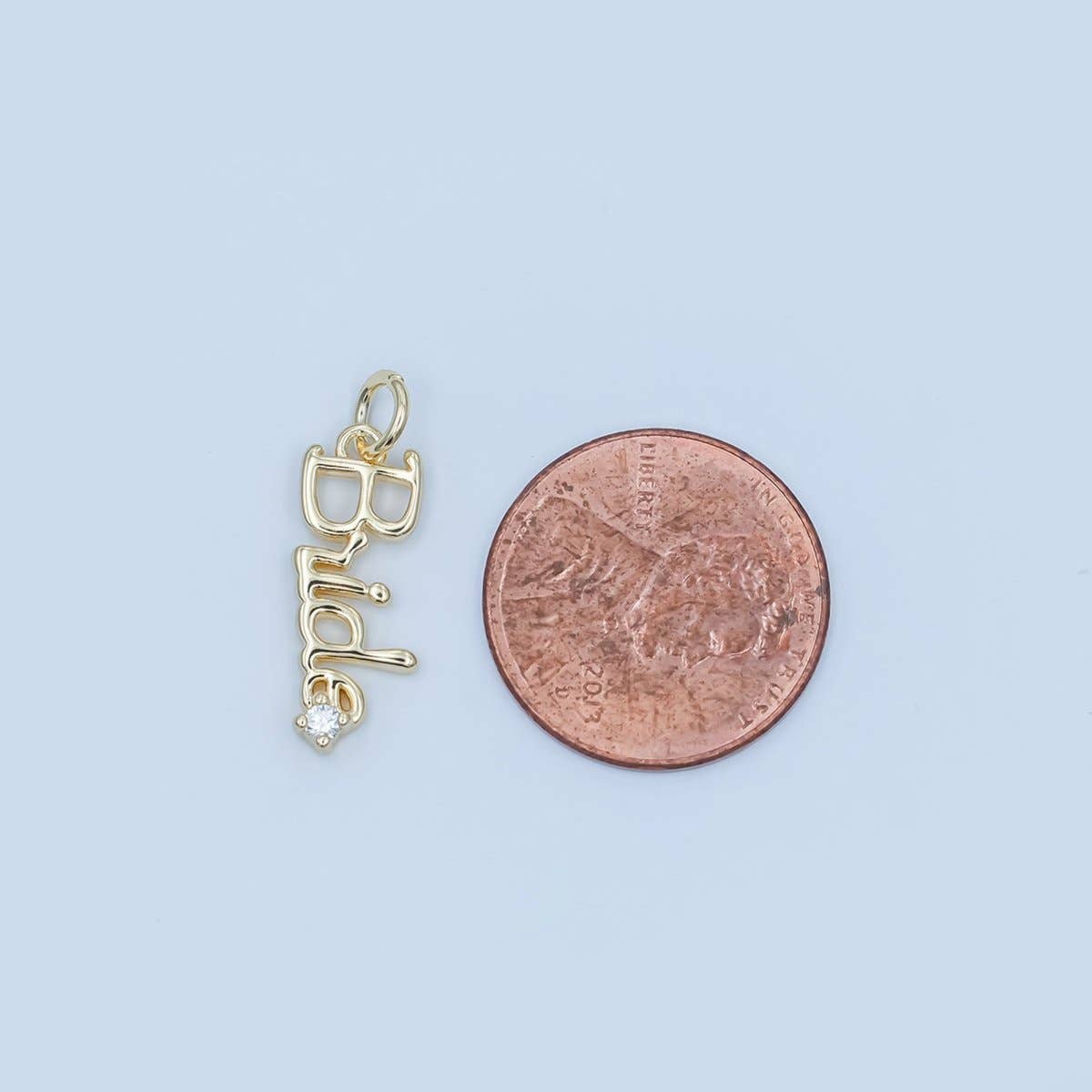 Aim Eternal – wholesale Individual charm/pendant – 24K Gold Filled "Bride" Cursive Script CZ Charm in Gold & Silver | N0913