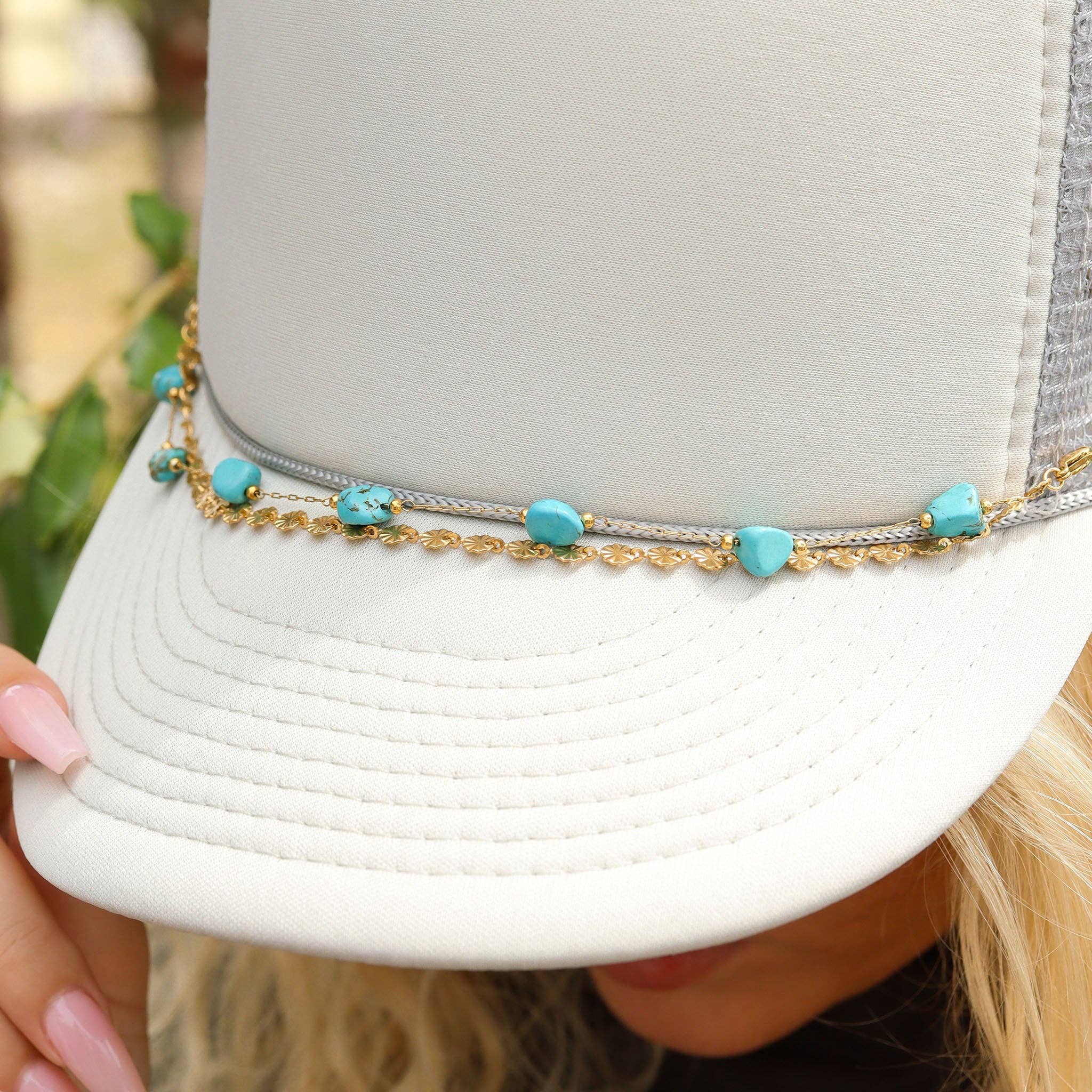 WJW - Wholesale Hat Accessory - Women's - Trucker Hat Chain: Crimped Oval & Turquoise Stone Layered1