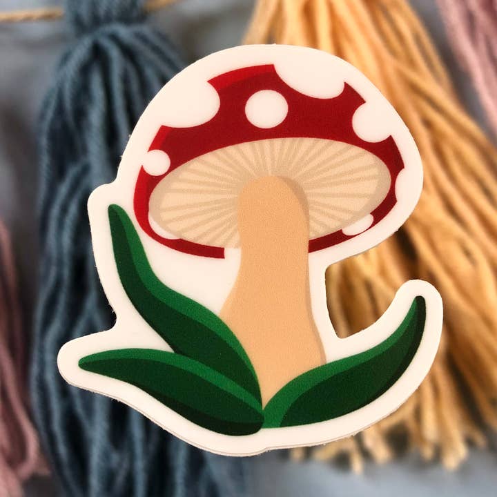 Adesivo in vinile lavabile in lavastoviglie a forma di fungo rosso e bianco, 5,1 cm per la vendita all'ingrosso da parte di Earth Curious Art Co