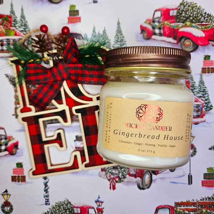 Gingerbread House 8 Oz Mason Glass Jar Soy Blend Candle 2025 for wholesale by Wicked Candlier