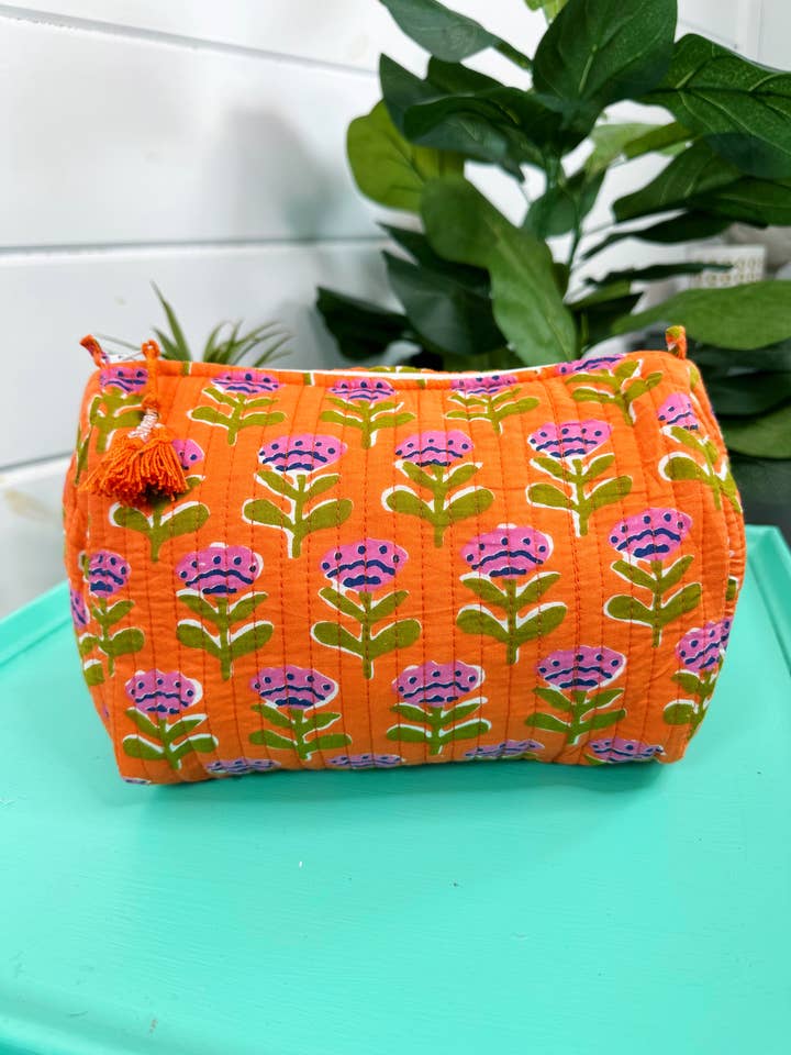 Quilted Makeup Bags | Cosmetic Toiletry Bag | Orange Floral for wholesale by Folklore Couture