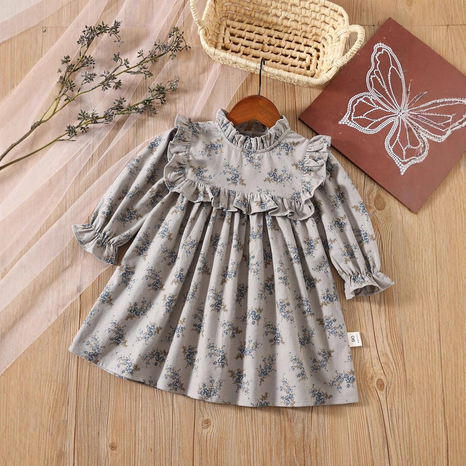 Grey Autumn Arrival Baby Kids Girls Floral Pattern Long Sleeves Ruffle Neck Dress for wholesale on Faire0