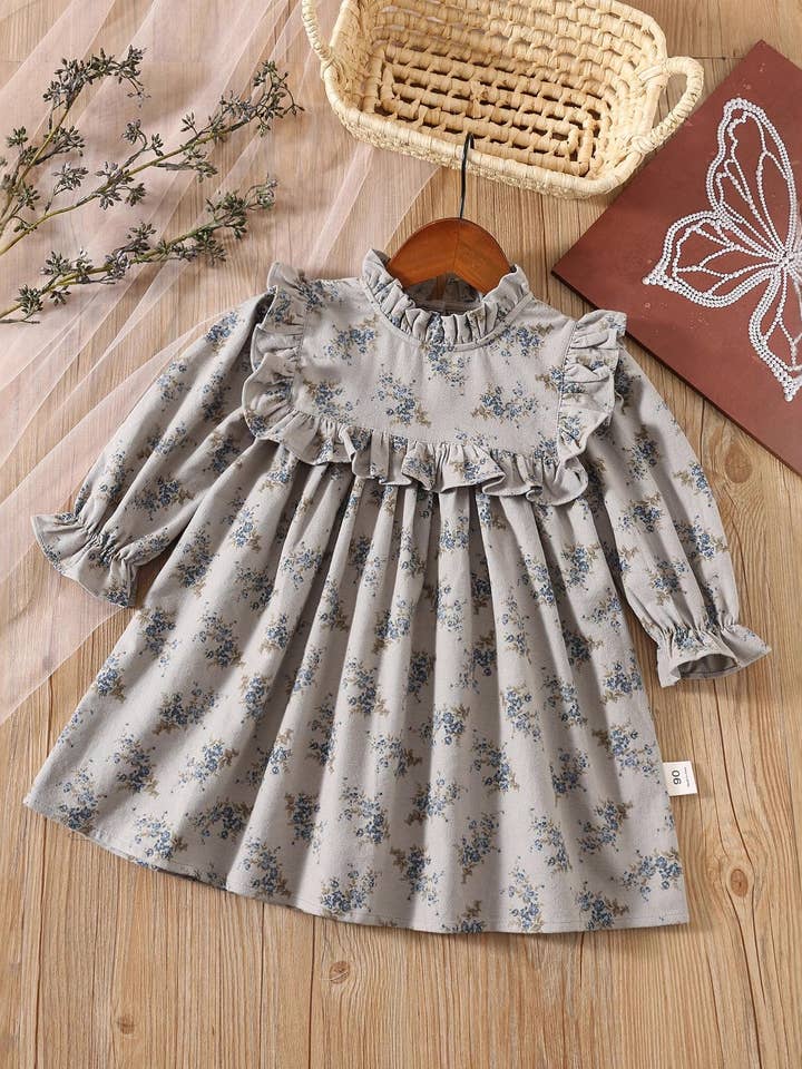 Grey Autumn Arrival Baby Kids Girls Floral Pattern Long Sleeves Ruffle Neck Dress for wholesale on Faire