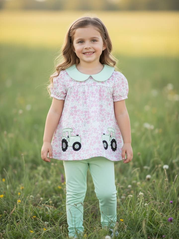 Tractor applique tunic & dusty green leggings. OFG60270 SOL for wholesale by Kids Charm Online