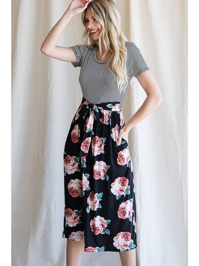 7th Ray - Wholesale Dress - Women's - Floral Waist Tie Short Sleeve A-Line Midi Dress D419913