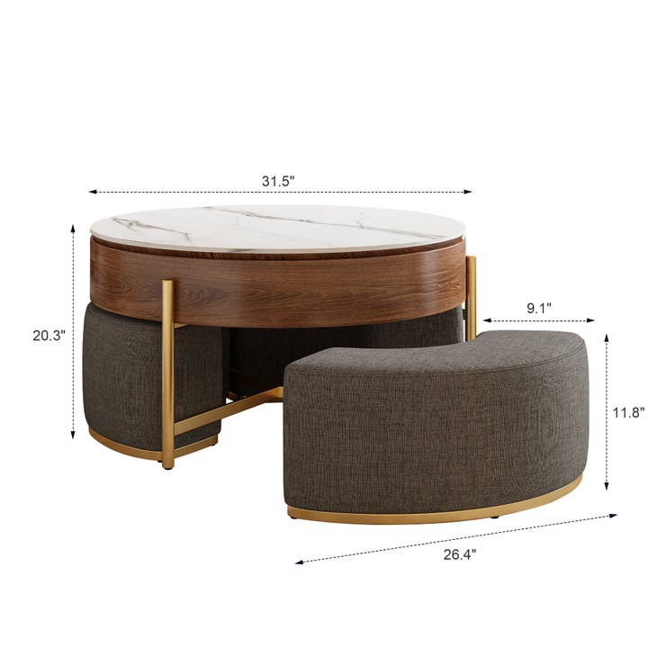 39F Inc. - Wholesale Coffee Table - Modern Lift-Top Round Coffee Table w/3 Nesting Ottomans 6