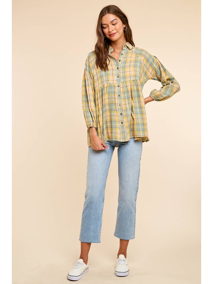 In Loom - Wholesale Button Down Shirt - Women's - GARMENT WASHED PLAID BUTTON DOWN TUNIC