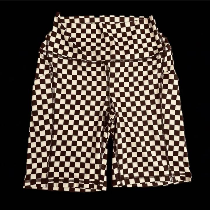 BROWN CHECKERED BIKER SHORTS for wholesale by Rodeo Hippie