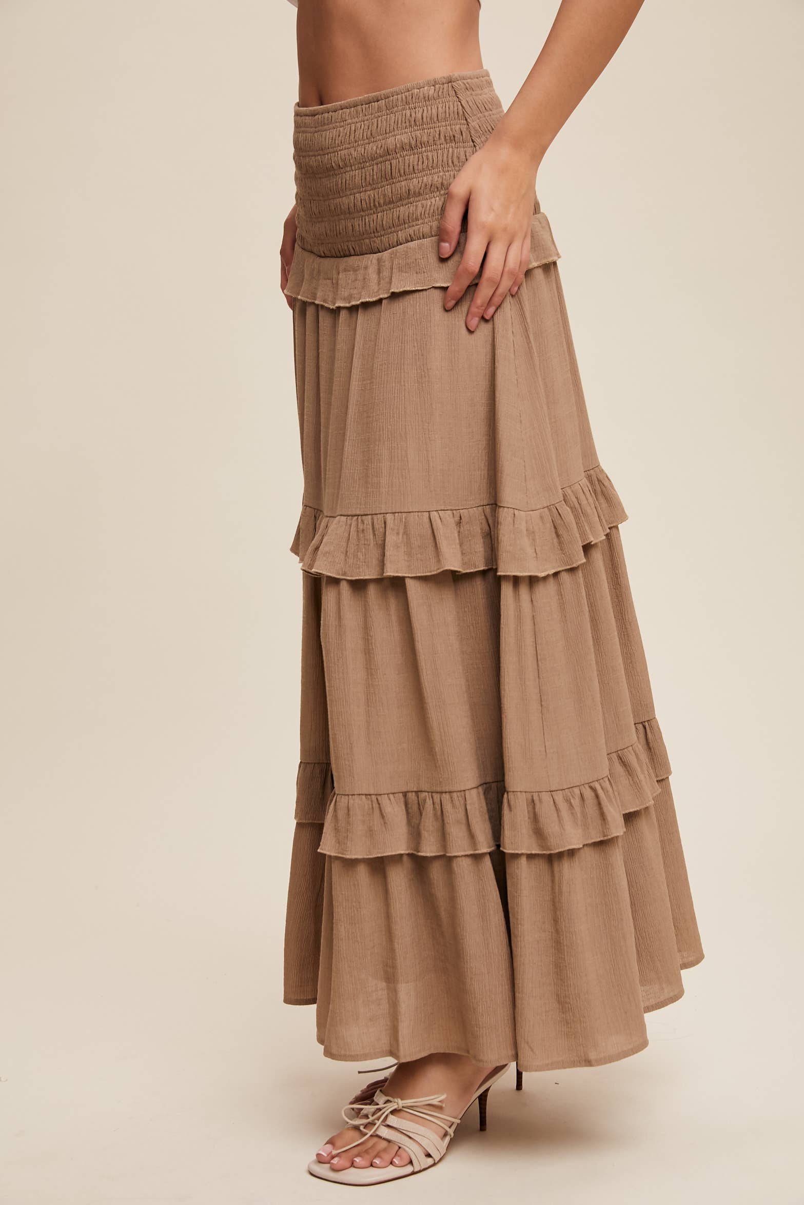 Listicle - Wholesale Skirt - Women's - 2-Way Smocked Ruffle Tiered Midi Dress or Skirt4