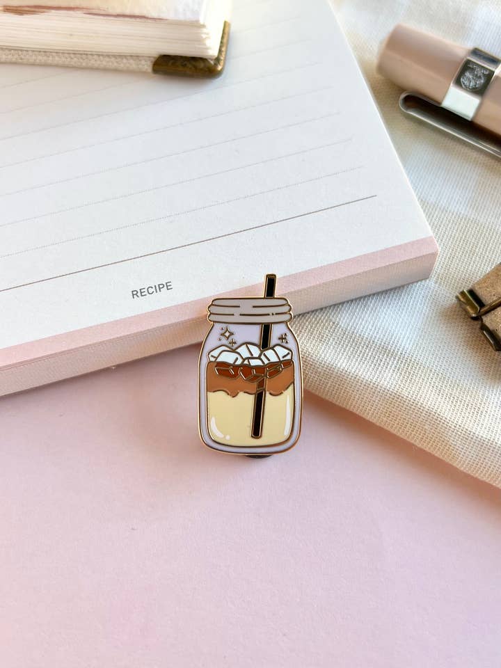 Iced Coffee Enamel Pin for wholesale by Marlene Vega Studio