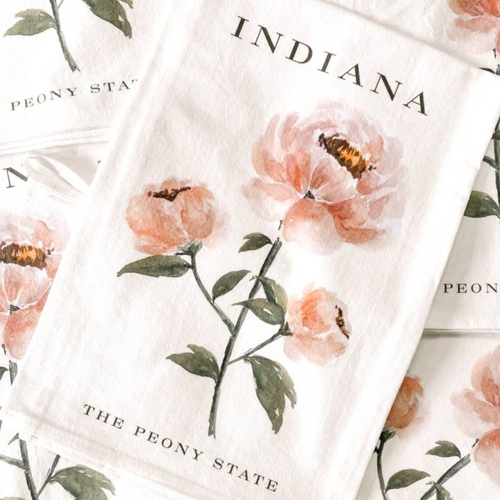 The Peony State 100% Cotton Tea Towel—Floral Indiana Design for wholesale by Art and Home co.
