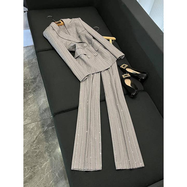 Traje gris cruzado SY386 con detalles de diamantes brillantes para venta al por mayor de Sanyao Fashion