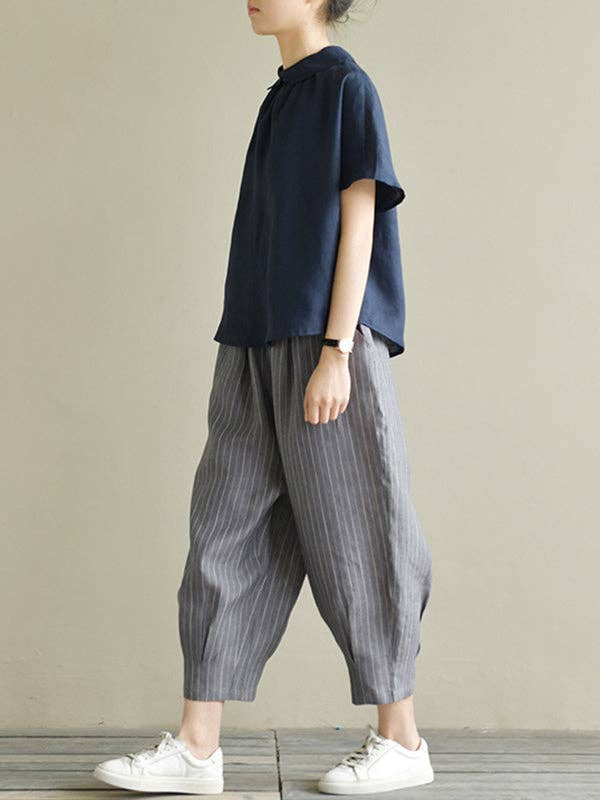 VividLux - Wholesale Blouse - Women's - Artistic Retro Short Sleeves Loose Pleated Solid Color Blouses&Shirts Tops10