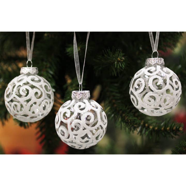 WholesaleMart - Wholesale Ornament Set - White Christmas Ball Ornaments, White Swirl, 2.36"