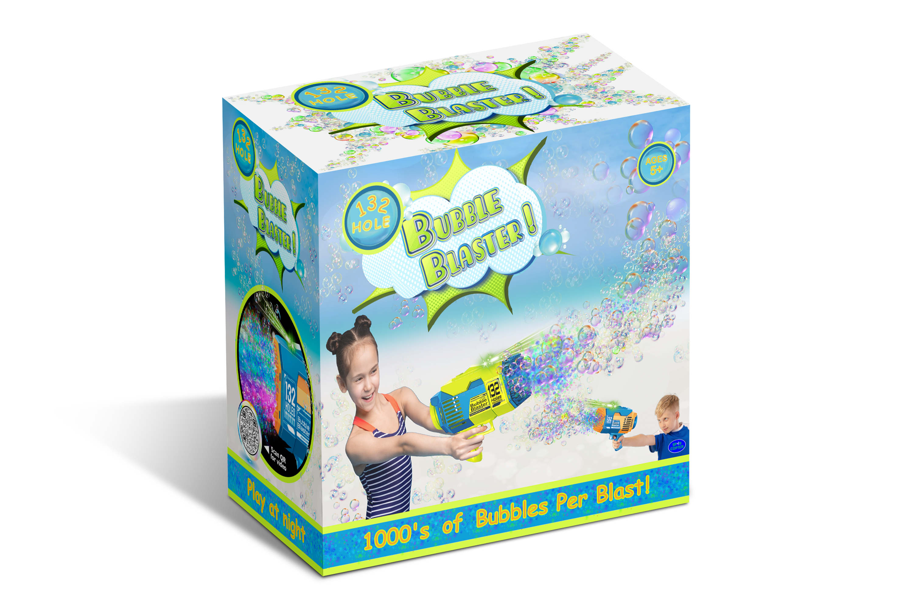 A caixa contém 4 azul/laranja e 4 azul/verde 132 Buracos Bubble Blaster para venda a revendedores na Faire2