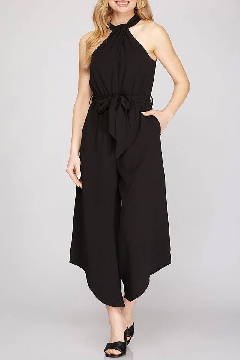 ROUSSEAU - Wholesale Jumpsuit - Women's - HALTER NECK WITH WAIST SASH WOVEN JUMPSUIT