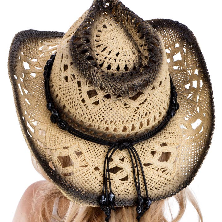 Cap Zone - Wholesale Straw Hat - Women's - Lightly Beaded Vintage Burnt Crochet Straw Cowboy Hat