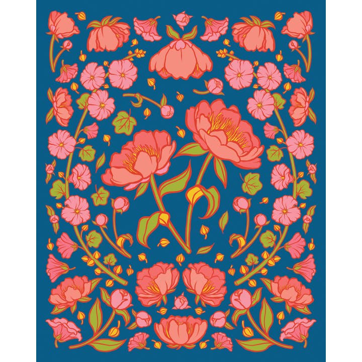 Impression artistique florale folklorique avec pivoines et roses trémières 8 x 10 pour la vente par Carabara Designs