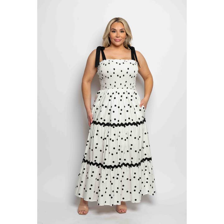 Curve Market - Wholesale Dress - Women's - PLUS SIZE POLKA DOT SMOCKED BODICE RIC RAC TRIM WITH POCKETS